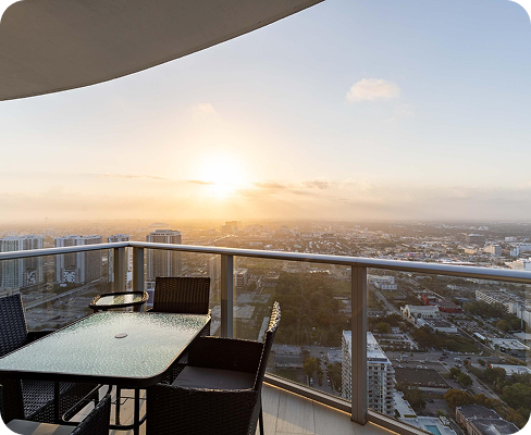Modern hotel room with panoramic city view