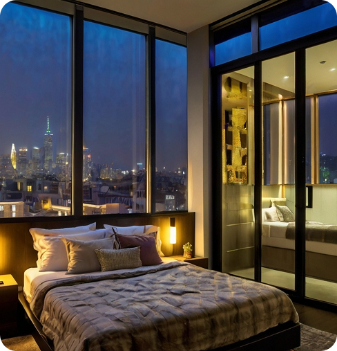 Luxury hotel room with panoramic city view